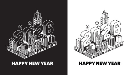 Naklejka premium Geometric Office Towers Forming New Year Digits Strong Black Silhouette Illustration with Modular Block Design