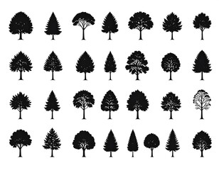 Collection of diverse black tree silhouettes on a white background, arranged in rows