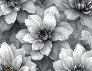 Exquisite monochrome blossoms showcase intricate petal details, creating a captivating floral composition in grayscale tones