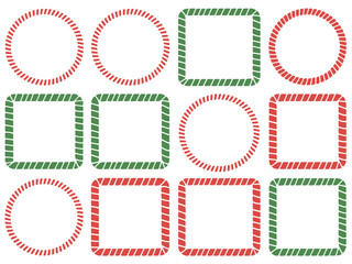 A collection of festive red and green candy cane patterned borders and frames.