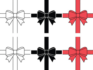 Six gift ribbons in red, black, and white outline designs arranged in two rows.