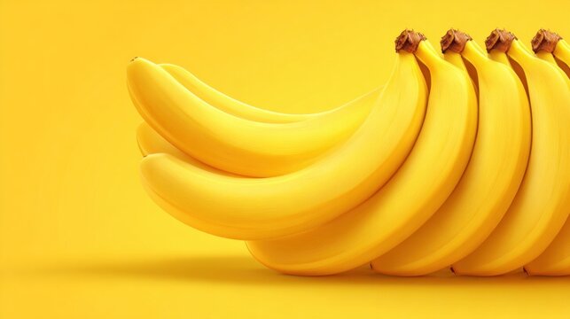 Rhythmic row of ripe yellow bananas arranged horizontally against a vibrant yellow background, showcasing their smooth texture and fresh appeal