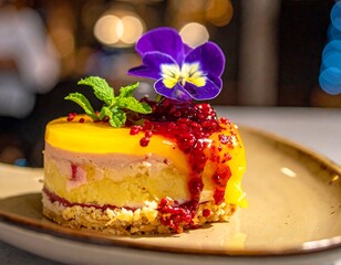 Exquisite pastry with vibrant violet flower & fresh mint on glazed yellow cream, atop crushed red berries