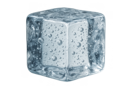 Ice cube showing frosty texture and air bubbles, transparent background for drinks, cooling, and refresh concepts