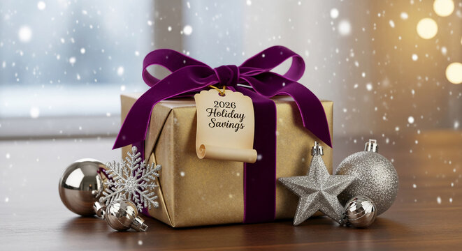 Gold gift box with purple ribbon and "Holiday Savings" tag, silver ornaments and snowflake on brown surface, representing holiday and festive concept