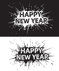 Happy new year text with ink explosion graphic in vector illustration to use for new year greeting card design element. Design element for printable, posters, banners, wallpapers, backgrounds.