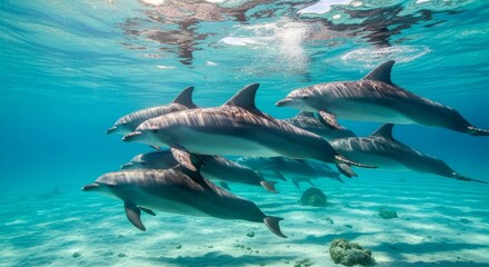 Fototapeta premium Witness the Graceful Dance of Dolphins Swimming Together in Sparkling Blue Ocean, Ideal for Travel Brochures and Environmental Awareness Campaigns about Marine Wildlife Conservation