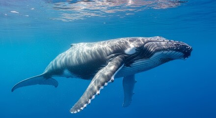Majestic humpback whale gracefully swimming underwater in clear turquoise ocean, showcasing its immense size and beauty, perfect for conservation awareness and marine life campaigns