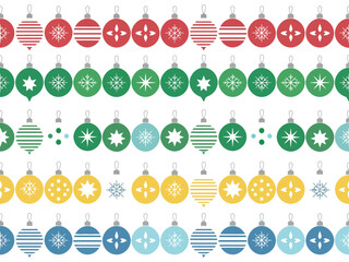 Rows of colorful vintage Christmas ornaments with geometric patterns are displayed.