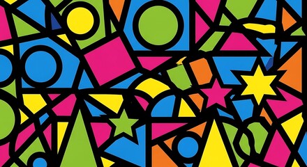Vibrant Stained Glass Inspired Geometric Pattern with Diverse Shapes and Bright Colors