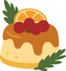 A cute flat-style holiday pudding topped with caramel glaze, bright red berries, an orange slice, and festive green leaves for a cozy seasonal touch.