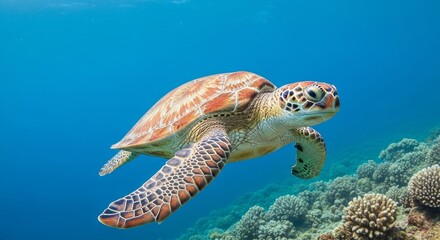 Obraz premium Majestic sea turtle gracefully swimming in the vibrant turquoise ocean waters near the colorful coral reef, embodying nature's beauty and underwater serenity for conservation and exploration