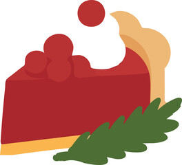 A flat-style slice of festive berry pie topped with whipped cream and cherries, decorated with a sprig of greenery for a cozy holiday feel.
