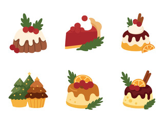 A set of cute flat-style Christmas desserts including puddings, pies, cupcakes, and festive treats decorated with berries, oranges, cinnamon sticks, and evergreen leaves.