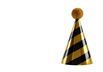 Striking conical party hat with glossy black and metallic gold diagonal stripes and a textured gold pom-pom, isolated on transparent studio background with copy space. Concept of luxury celebration
