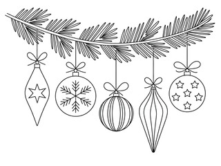 Ornate Christmas ornaments hang from a festive pine branch for decoration.