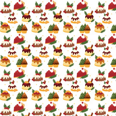 A seamless festive pattern featuring flat-style Christmas desserts such as puddings, pies, cupcakes, and tree-shaped treats, arranged in a cheerful repeating layout with warm holiday colors.