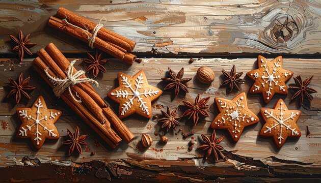 Flat Lay of Festive Christmas Spices and Gingerbread Cookies on Wood