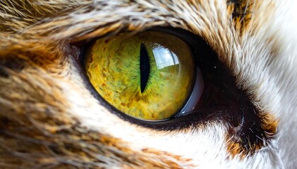 Extreme close-up of a cat's eye, showcasing its vibrant green and yellow iris and intricate pupil shape