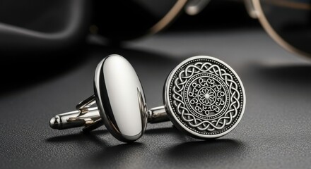 Elegant silver cufflinks with intricate celtic knot design on one and a smooth oval shape on the other, presented on a dark textured surface