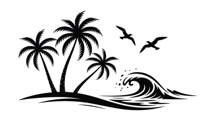 Tropical island scene with palm trees and seagulls