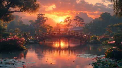 Fototapeta premium Sunset over peaceful garden bridge