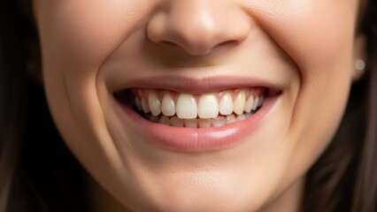 Obraz premium Close-up of smiling young caucasian female showing teeth and healthy gums