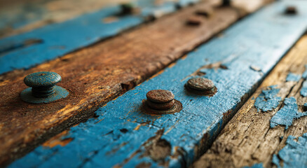 Rusty bolt on weathered blue-painted wooden planks; textured surface concept.