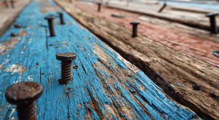 Rusty bolt on weathered blue-painted wooden planks; textured surface concept.