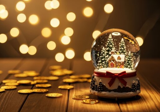 A festive christmas snow globe with a cozy cabin and pine trees inside, sitting on a wooden surface with scattered golden coins, illuminated by warm bokeh lights