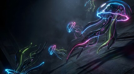 Futuristic bioluminescent jellyfish swimming in dark abstract ocean environment with neon lights