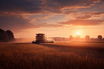 Fototapeta premium Combine harvester collects ripe crops at sunset in a golden field under a colorful sky