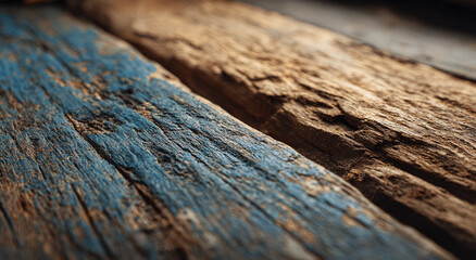 Rusty bolt on weathered blue-painted wooden planks; textured surface concept.