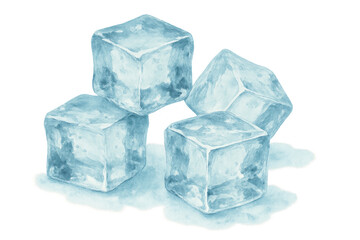 Ice cubes melting in cool blue watercolor painting. Refreshing cold drink illustration with transparent background