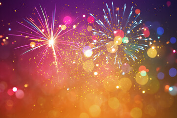 Celebration background with colorful fireworks displaying in vivid colors on dark violet sky creating festive atmosphere and enjoyment of new year eve with bokeh lights