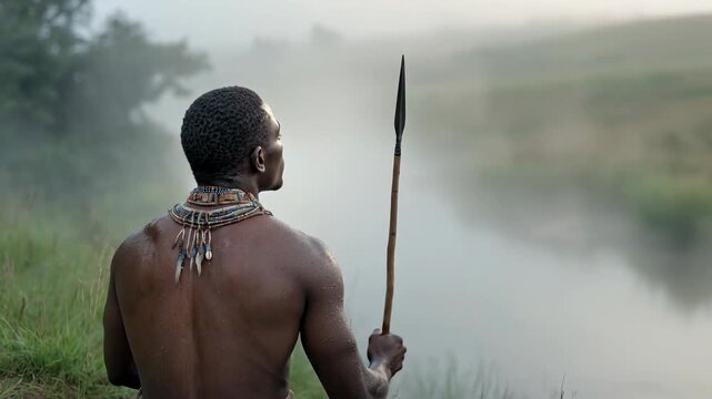 Zulu man sitting beside a calm river shrouded in morning mist, holding a strong wooden spear. He wears traditional beaded adornments, gazing into the ancient African wilderness.