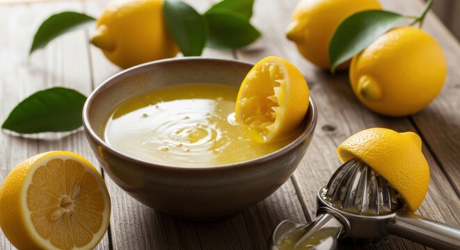 Refreshing lemon juice in a bowl with a hand juicer and vibrant whole lemons on wood - Powered by Adobe