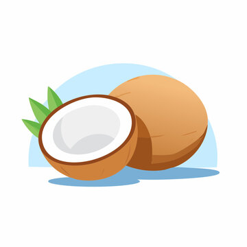 Jolie noix de coco enti&egrave;re et coup&eacute;e, en gros plan, isol&eacute; sur un fond blanc