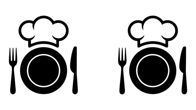 Chef hat, plate, and cutlery icons representing restaurant, cooking, culinary, and dining concepts with a clean, minimalist design