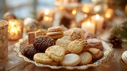 Plate of assorted cookies and pastries is set on a table with candles and pinecones