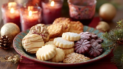 Fototapeta premium Plate of assorted cookies and a few candles on a table. Scene is cozy and festive, perfect for a holiday gathering
