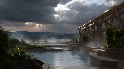 Serene outdoor spa with cascading pools rising steam and dramatic clouds with sunbeams piercing through