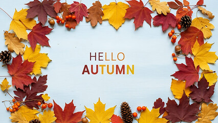 Hello Autumn frame with colorful fallen leaves and pine cones, warm fall season greeting
