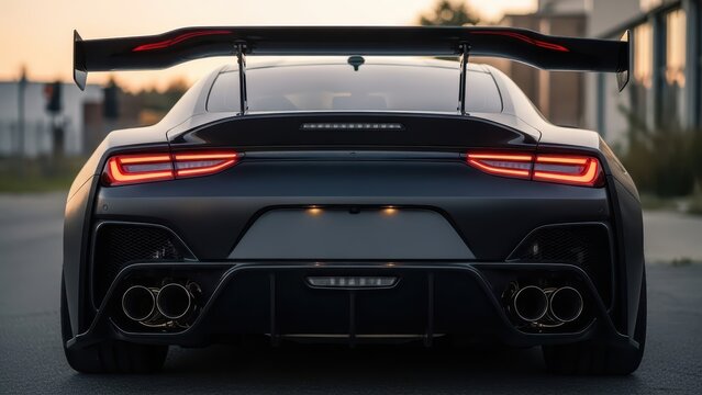 Sleek black sports car with spoiler and dual exhaust in urban setting at sunset