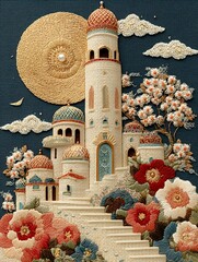 Beautiful palace artwork surrounded by floral patterns high resolution picture