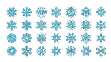 Unique blue snowflake designs for winter holidays collection set.