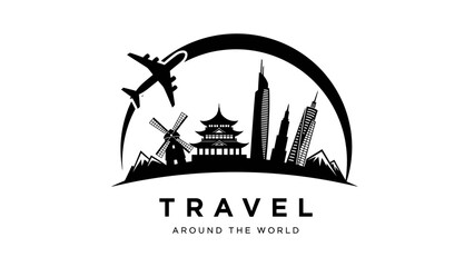 Global travel concept with airplane flying over world landmarks