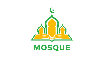 Stylized mosque and open book with crescent moon and star design.