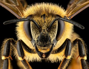 Extreme close-up of bee's face, detailed hairy body, and intricate wings against a dark background