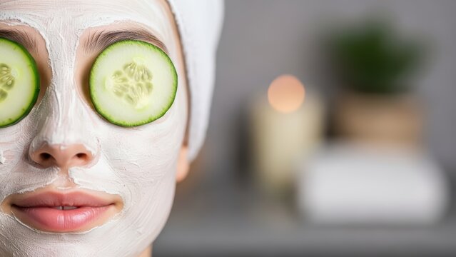 Young caucasian female relaxing with cucumber facial mask at spa